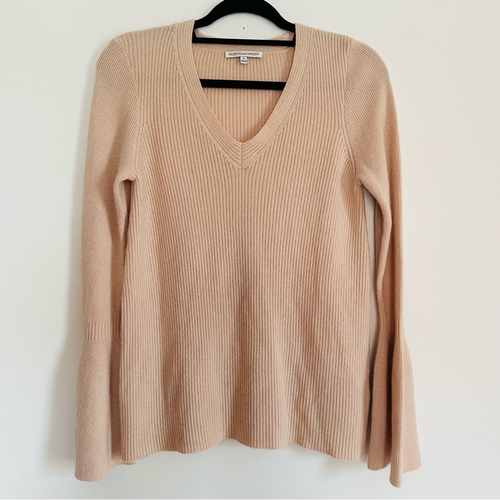 Rebecca Minkoff Cashmere Stevie Bell Sleeve Pink Ribbed Sweater Size S
